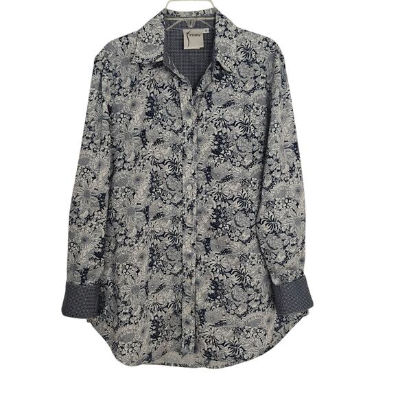 Finley Floral Button Up Shirt Womens Size Small Blue White Stretch Long Sleeve - Picture 2 of 7